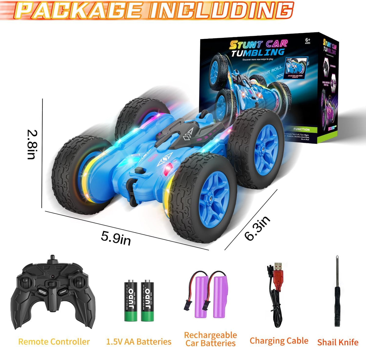 Remote Control Car, Rc Cars Stunt Kids Toys New Upgraded Strip Lights and Headlights Double-Sided 360° Rotating 4WD Drift Truck for Boys Girls Birthday Gift (Blue)