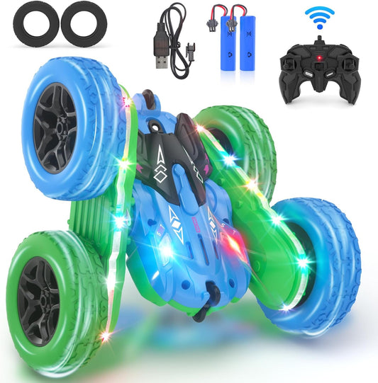 Remote Control Car, RC Cars Toys for Boys Age 5-7, RC Stunt Car Toy with Strip Lights and Headlights, 2.4 Ghz 600mAh Double-Sided 360° Rotating 4WD RC Cars, Fast Race Car Rechargeable Toy for Boys