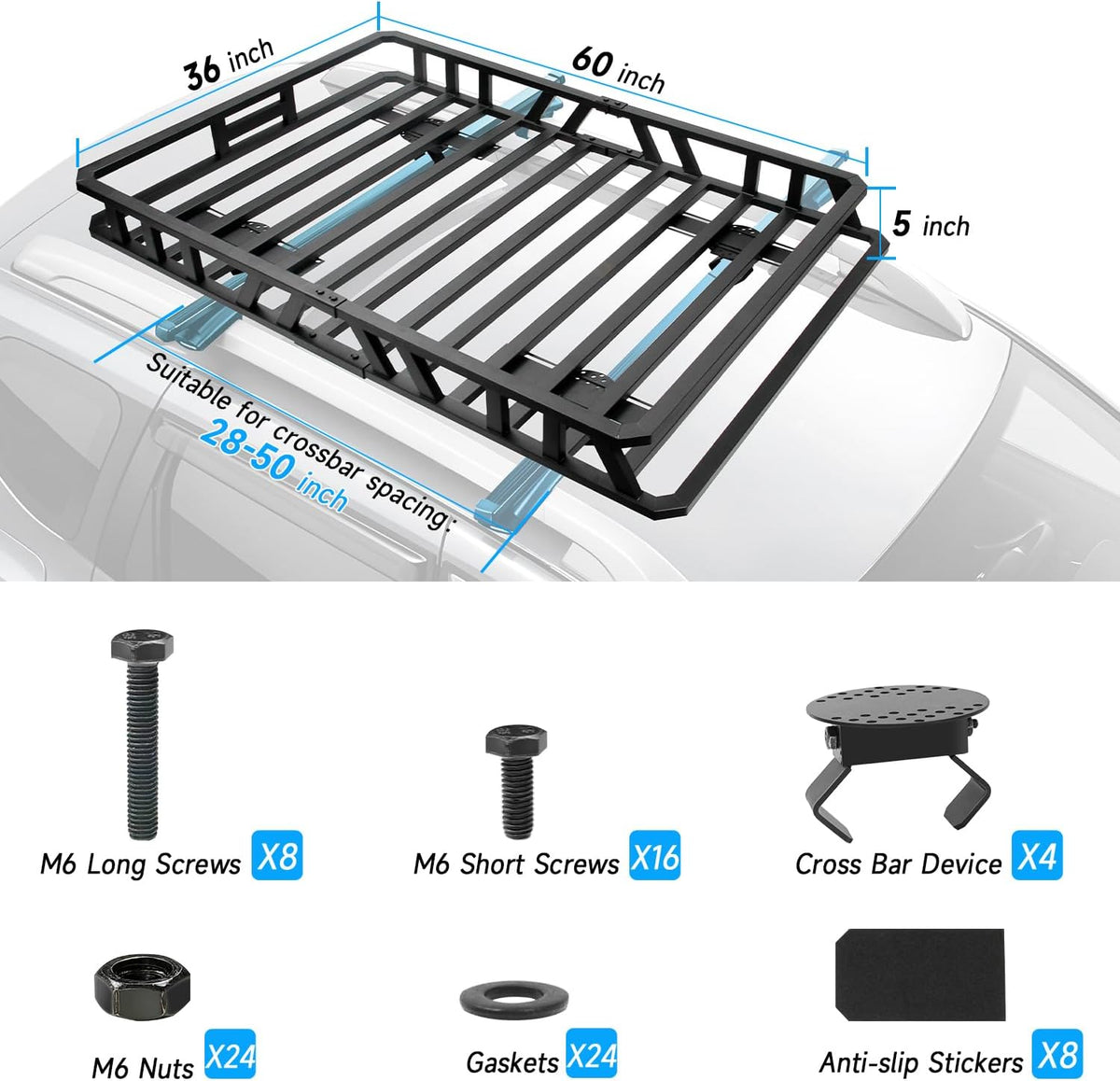 NIHAO 60"x36"x5" Heavy Duty Roof Rack Cargo Carrier, Universal Car Top Luggage Basket for SUV, Truck, RV, Pickup, Holds Up to 250 Lbs
