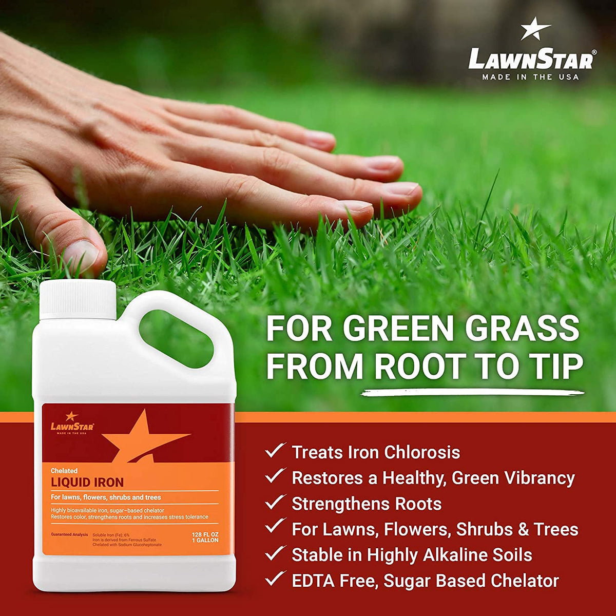 LawnStar Liquid Iron (1 Gallon) for Plants - Multi-Purpose, Suitable for Lawn, Flowers, Shrubs, Trees - Treats Iron Deficiency, Root Damage & Color Distortion – EDTA-Free, American Made