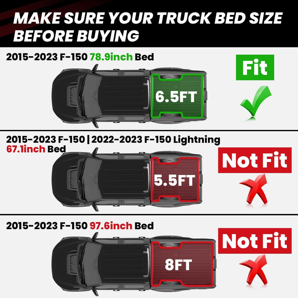LASFIT Bed Mat for Ford F-150 (6.5ft, 78.9in) 2015-2025(Not for Pro Access Tailgate or Bed w/Side Storage), Custom Fit All Weather Protector Durable TPE Truck Bed Liner Easy Clean- Black