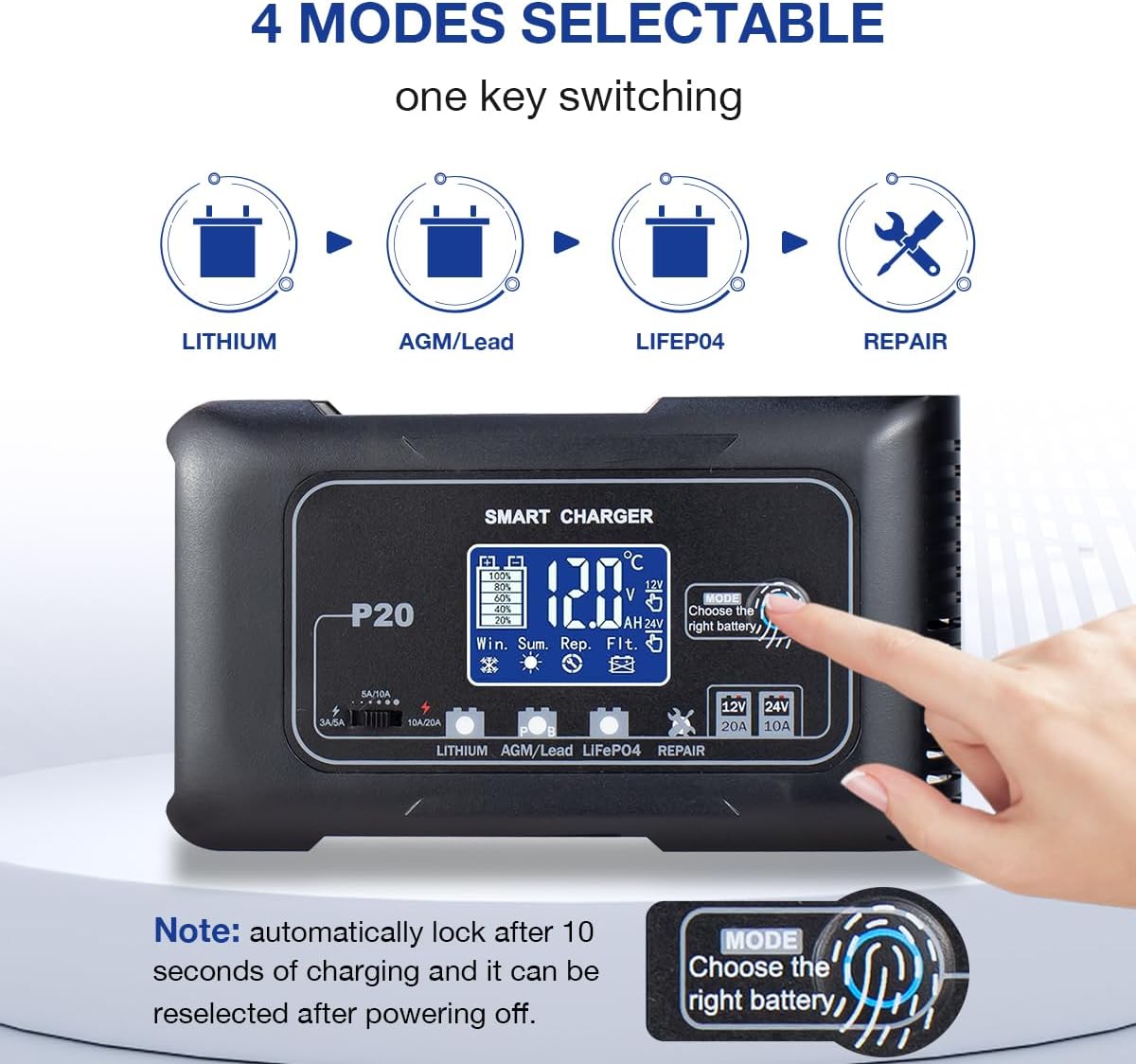 20A Smart Battery Charger 12V/24V, Automatic Charger & Maintainer for Lithium, LiFePO4, and Lead-Acid (AGM/Gel/SLA) Batteries, Trickle Charging for Cars, Boats, Motorcycles