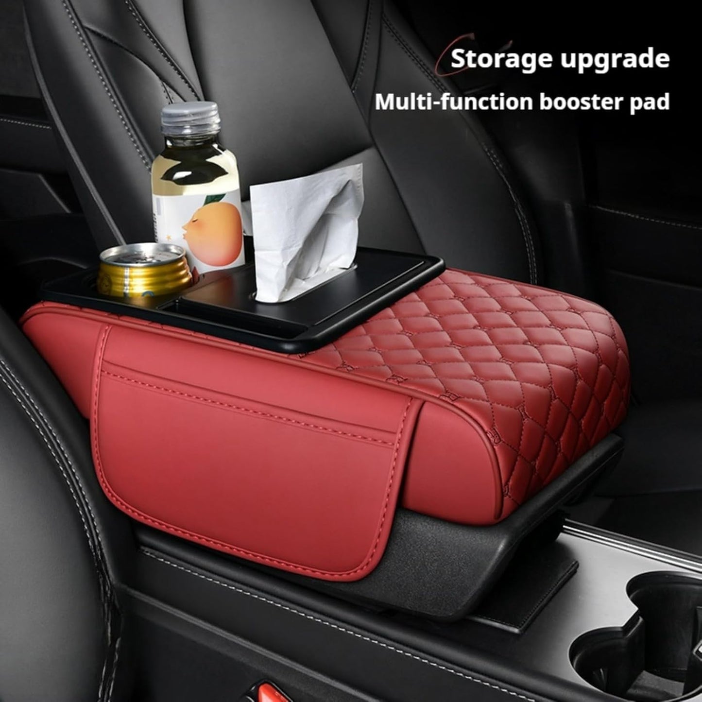 5-In-1 Center Console Cover Organizer with Cup Holder, Storage Pocket, Tissue Box, Armrest Cover Cushion Pad for Car, Grid, Black