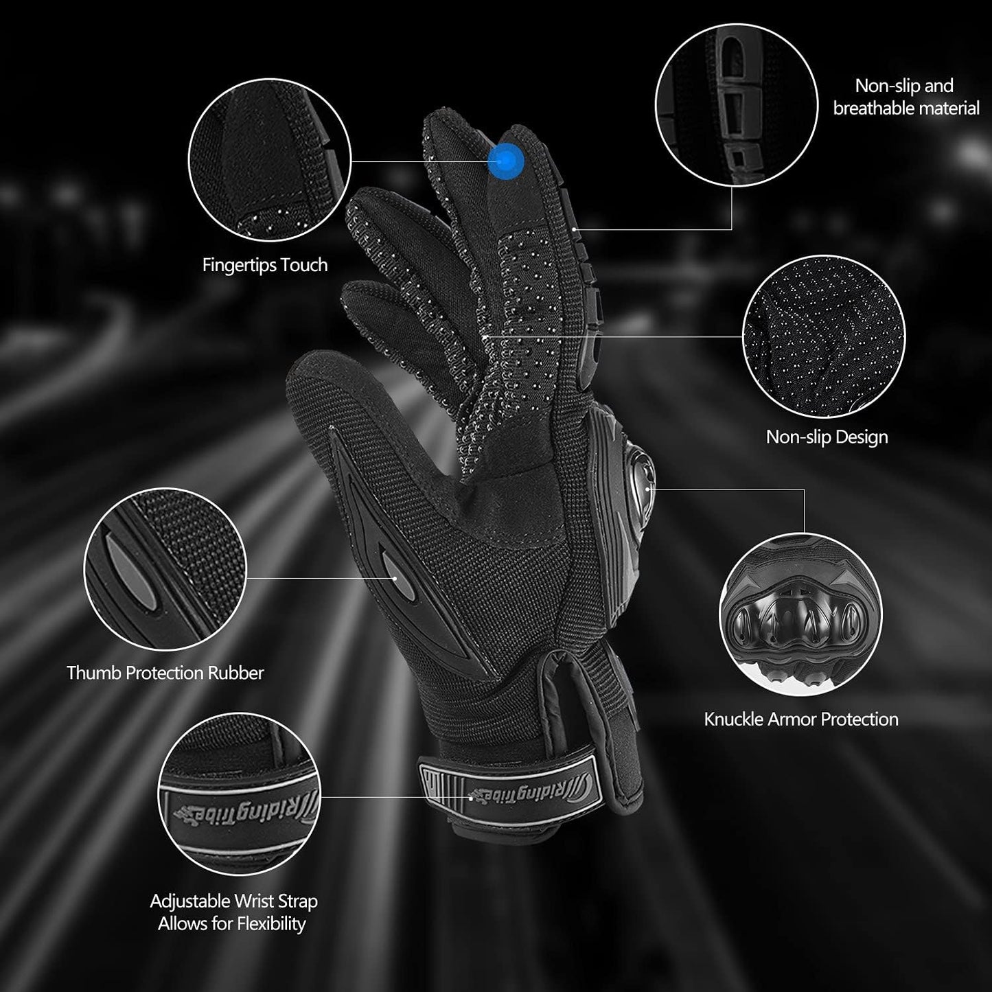 Motorcycle Gloves for Men and Women Full Finger Touchscreen Mountain Dirt Bike Gloves for Powersports BMX ATV MTB Driving Motocross Cycling Gloves(L, Black)