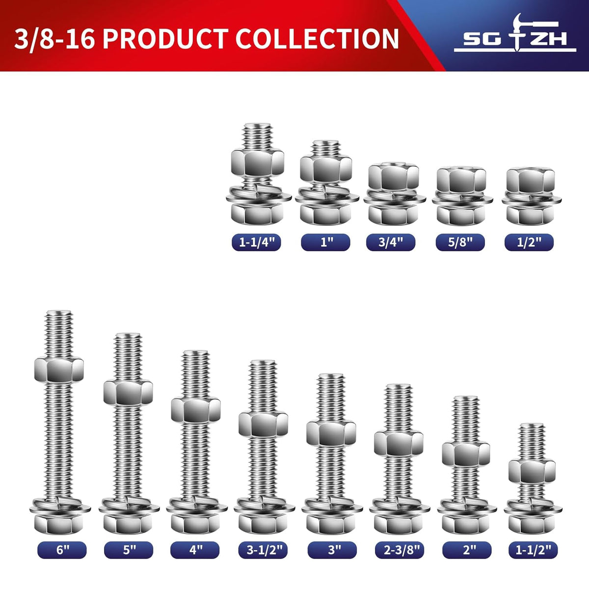 3/8-16 x 3/4" Hex Head Screw Bolt, Nuts, Flat & Lock Washers, 20Pcs 18-8 (304) Stainless Steel, Fully Threaded, by SG TZH