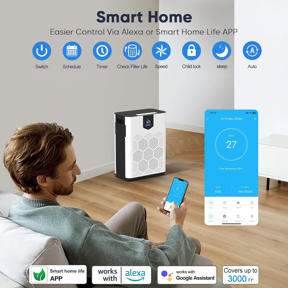 Smart Wifi Air Purifiers for Home Large Room Up to 3000 Ft², DAYETTE Air Cleaner with Washable Filters, Air Quality Monitor, 4 Fan & 22 dB Sleep Mode for Bedroom Living Room