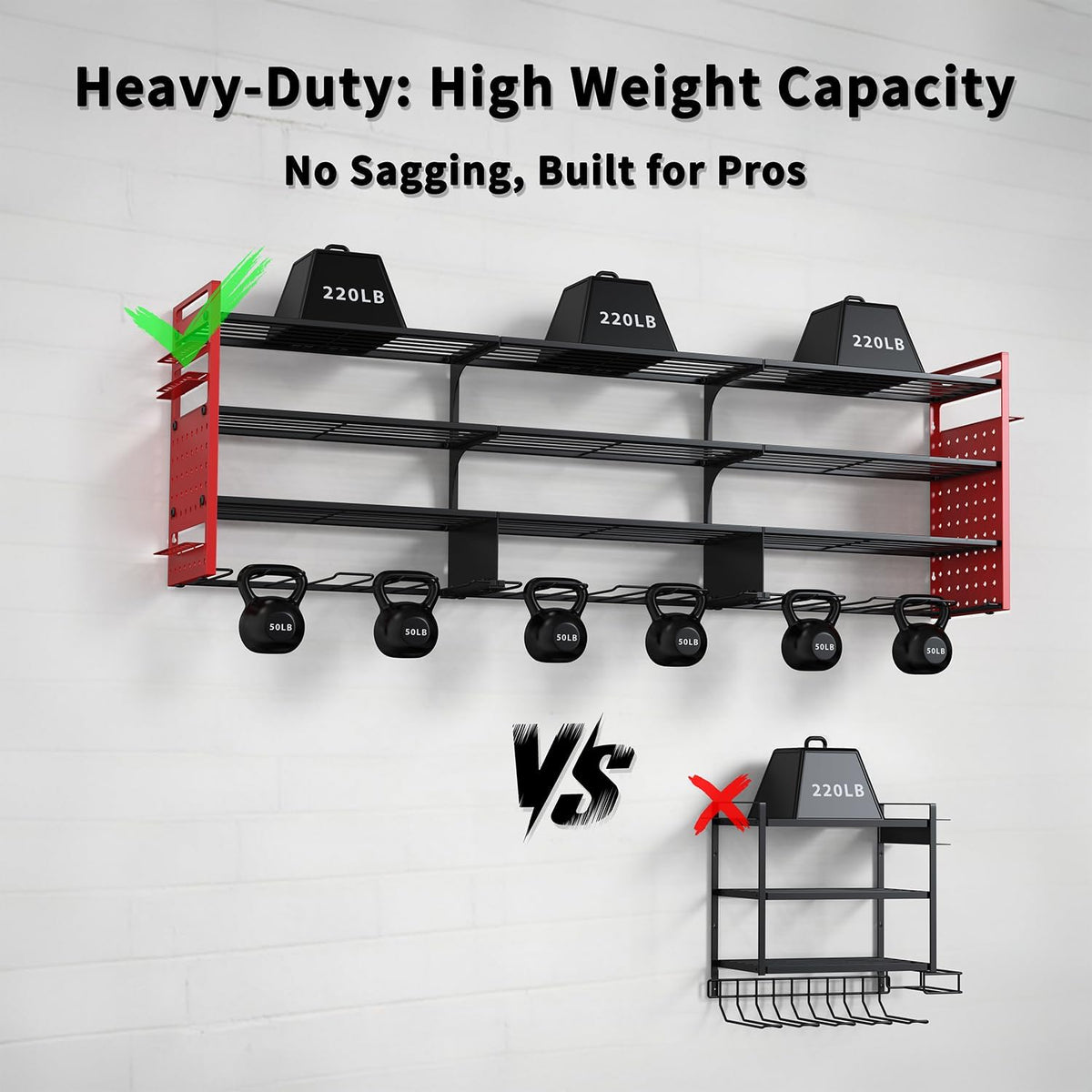 Power Tool Organizer Wall Mount with 12 Drills Holder, 49" Heavy Duty 4-Tier Power Tool Storage Rack, DIY Pegboard Side Panels,4 Long Hooks, Garage Metal Tool Shelf for Battery,Drills