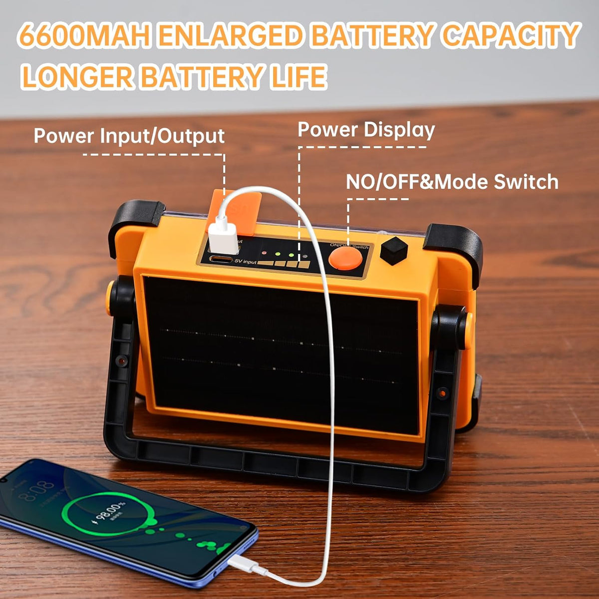 Rechargeable Solar Work Light Portable - IP66 Waterproof Job Site Flashlight with Stand, 10000LM 6600MAh Solar Flood Light for Mechanic, Camping, Car Repair, Fishing, Emergency