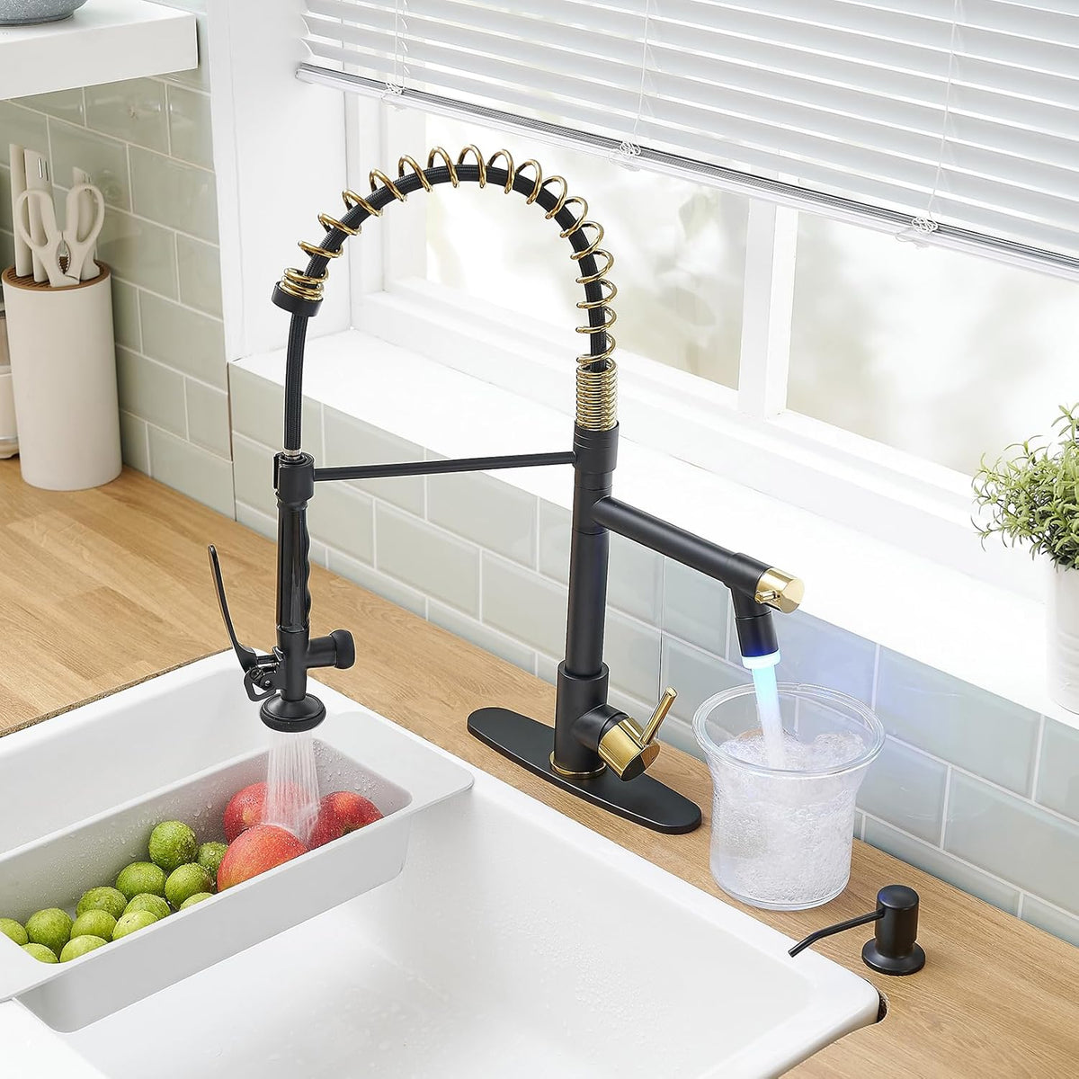 Fapully Commercial Kitchen Faucets with Pull Down Sprayer Matte Black&Gold LED Kitchen Faucet with Soap Dispenser and Deck Plack for 4 Hole, Single Handle Faucet for Kitchen Sink