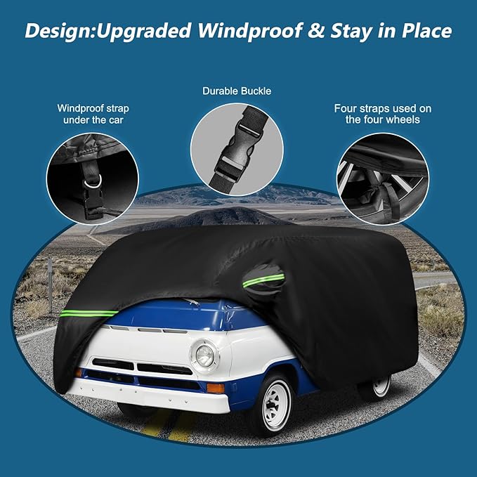 Car Cover for 1964-1970 Dodge A100 for VW Bus T1 T2 T3 1950-1992, 420D Oxford Cloth Sun Heat Protection Outdoor Covers with Driver Side Zipper Windproof Heavy Duty All Weather
