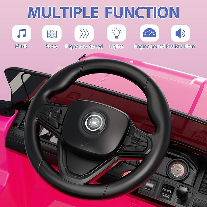 12V Kids Ride on Truck Car, w/Parent Remote Control, Twin 35w Motors, 3 Speeds, LED Lights, Music & Horn, Spring Suspension, Kids Electric Vehicles Toy for 3-5 Years Old Boys Girls Gift, Pink