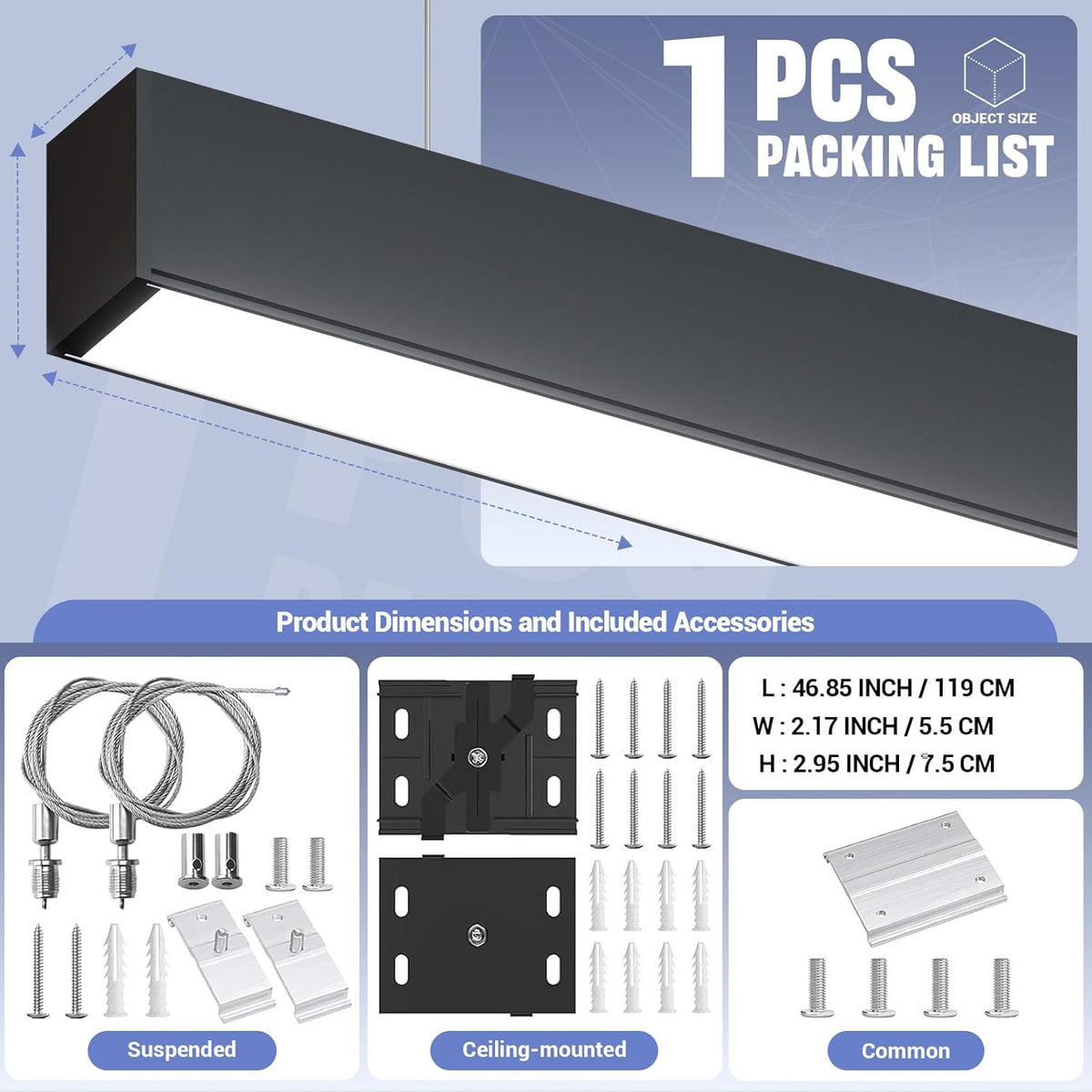 4FT LED Linear Lights 50/45/40/35/30W Up and Down Light, 3000K/4000K/5000K 4 Feet Commercial Linkable Shop Lighting for Office Garage Shop Dining Room bar,0-10V Dimmable 4’ Architectural Fixture,ETL