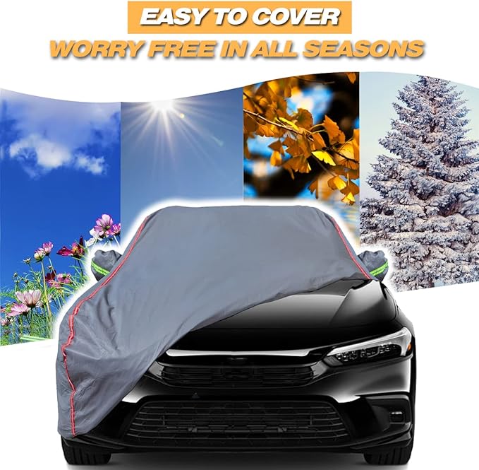 AUQDD 6-Layers PEVA New Material Sedan SUV Full Padded Car Cover Waterproof All Weather Weatherproof UV Sun Protection Snow Dust Storm Resistant Outdoor Exterior Custom Form-Fit Straps 178"-190" Grey