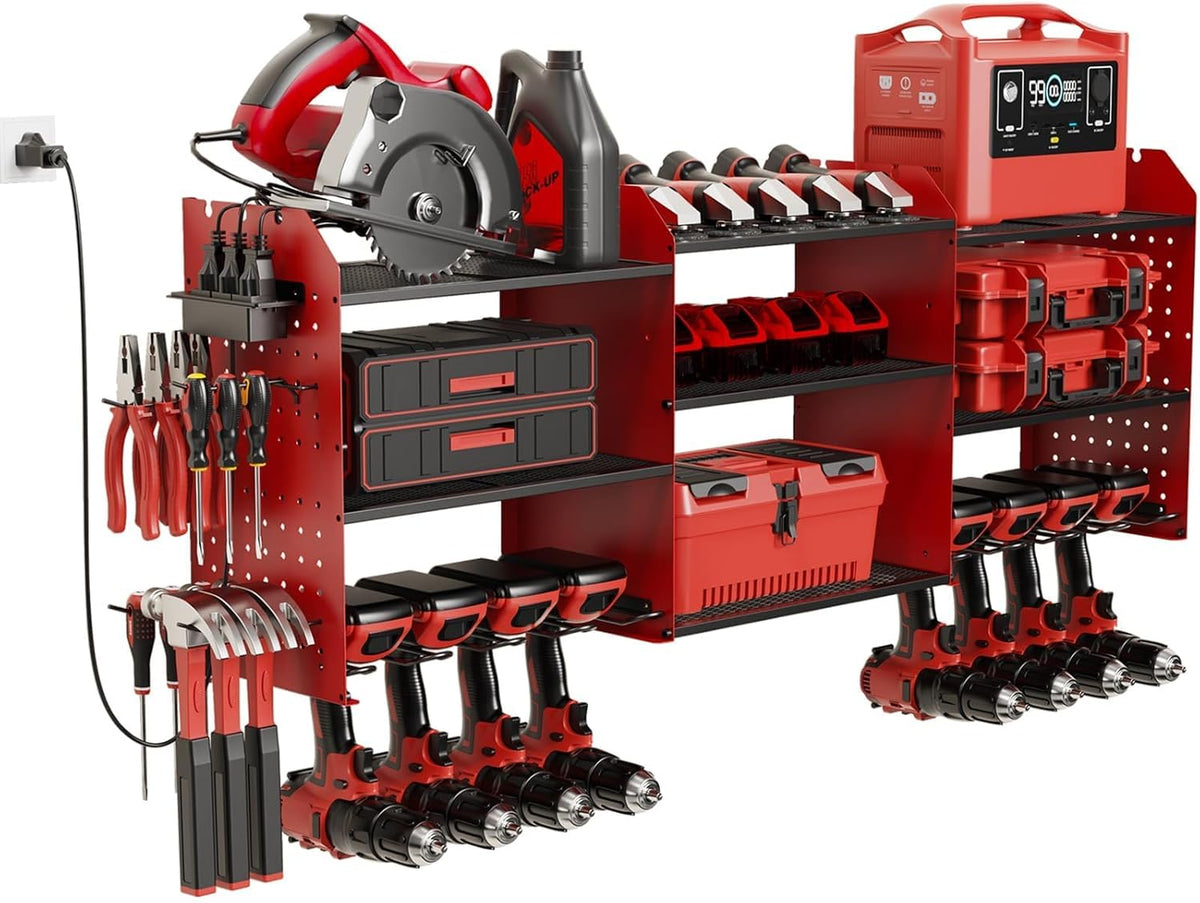 Power Tool Organizer with Charging Station Wall Mount, 3 Layer Expanded Heavy Duty Garage Organization, 45.5 Inch Length Garage Tool Storage, 8 Drills, 2 Assemble Method, Red
