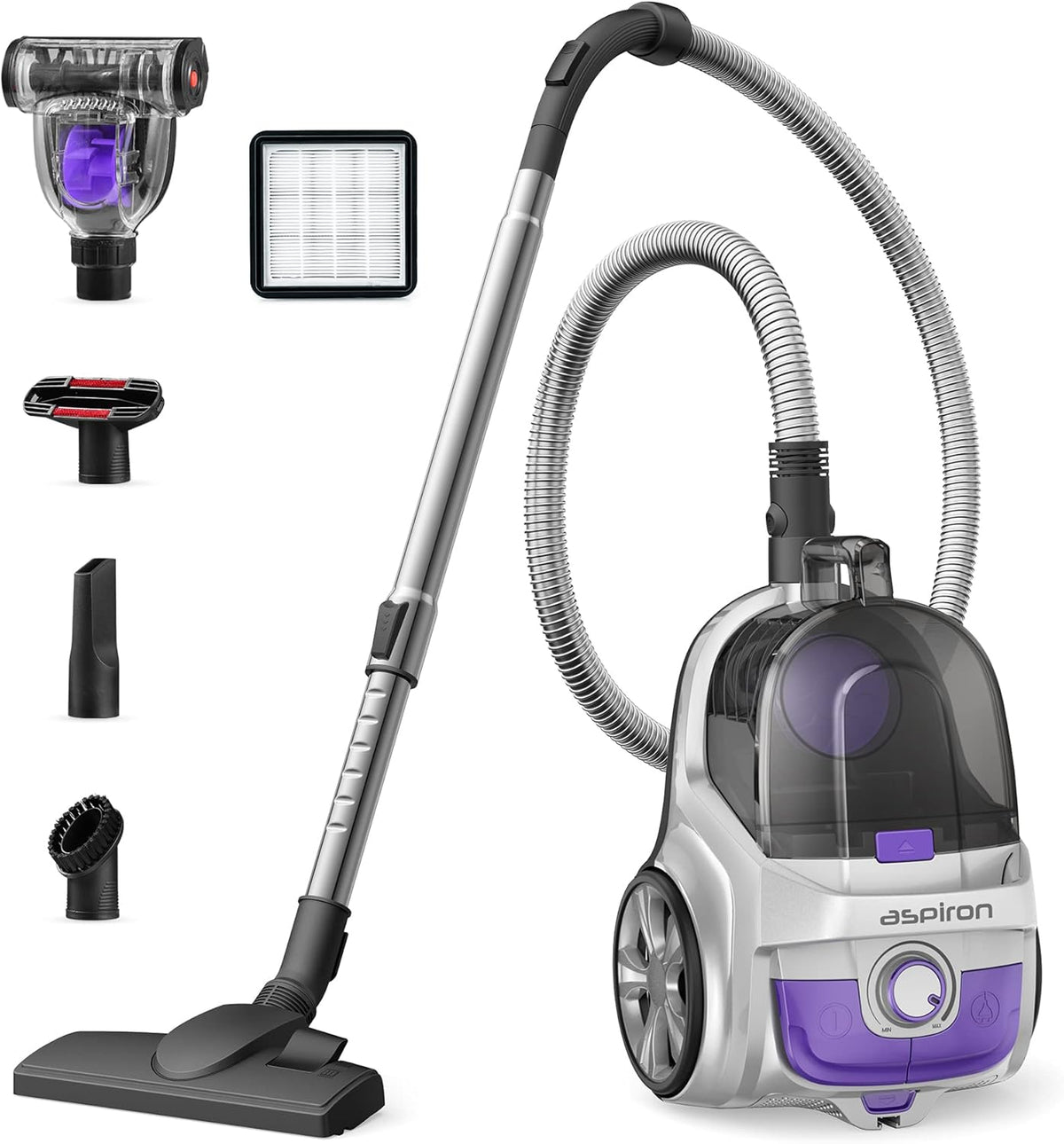 Aspiron Canister Vacuum, Upgraded 1600W Bagless Canister Vacuum Cleaner, Auto Cord Rewind, H13 HEPA Filter, 3.7Qt Large Capacity, 5 Tools for Hard Floors, Carpet, Pet, Upholstery, Tiles, Car, Violet