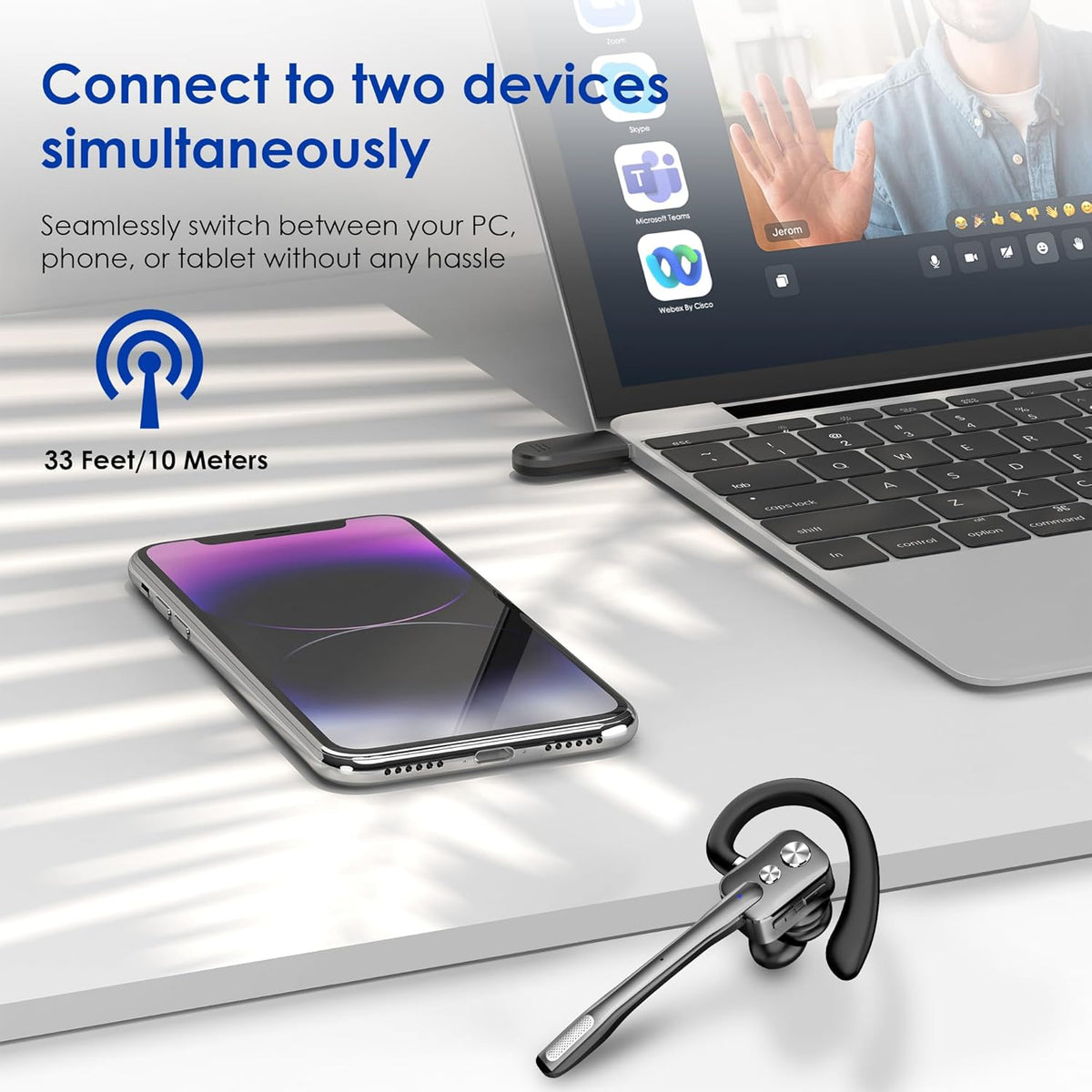 Bluetooth Headset, Wireless Bluetooth Earpiece with Dual-Mic & Noise Canceling, Single Ear Headset with Mute for Business, Remote Work, V5.3 Hand-Free headset for iOS Android Cell Phone (Gunmetal)