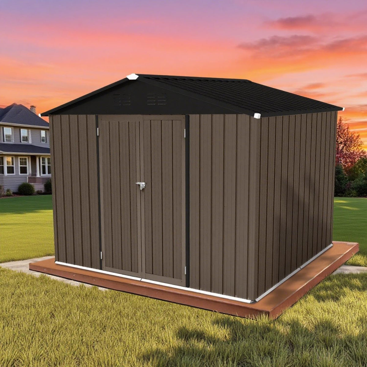 8 x 6 FT Outdoor Storage Metal Shed, Bike Garden Tool Shed with Slooping Roof, Lockable Doors and Aluminum Frames, Shed Easy to Assemble for Garden, Patio, Lawn, Brown