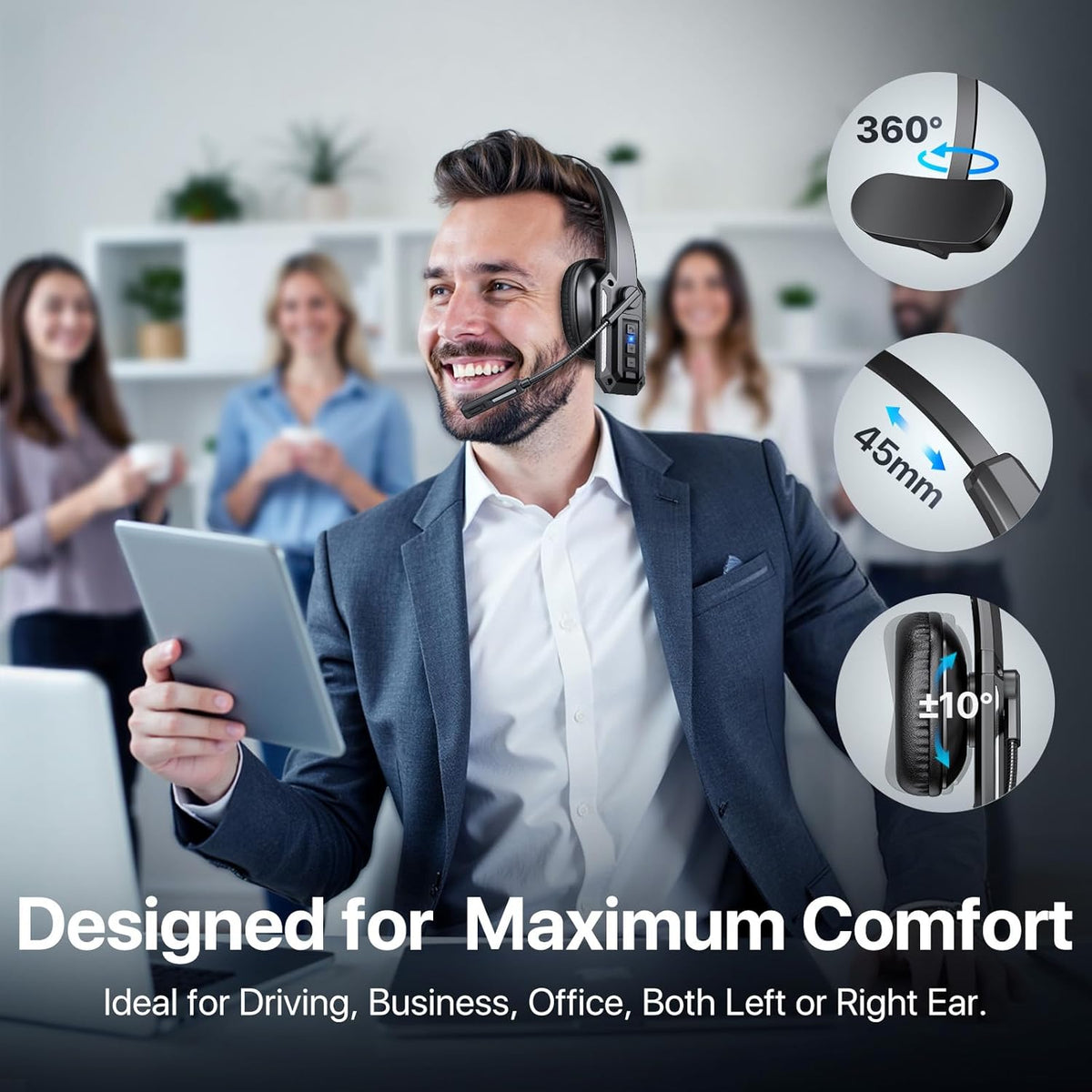 Bluetooth Headset, Trucker Bluetooth Headset with Noise Cancelling Microphone & Mute Button, 60Hrs Working Time, Wireless On-Ear Headphones with Mic for Work/Cellphone/Laptop/Office - Black