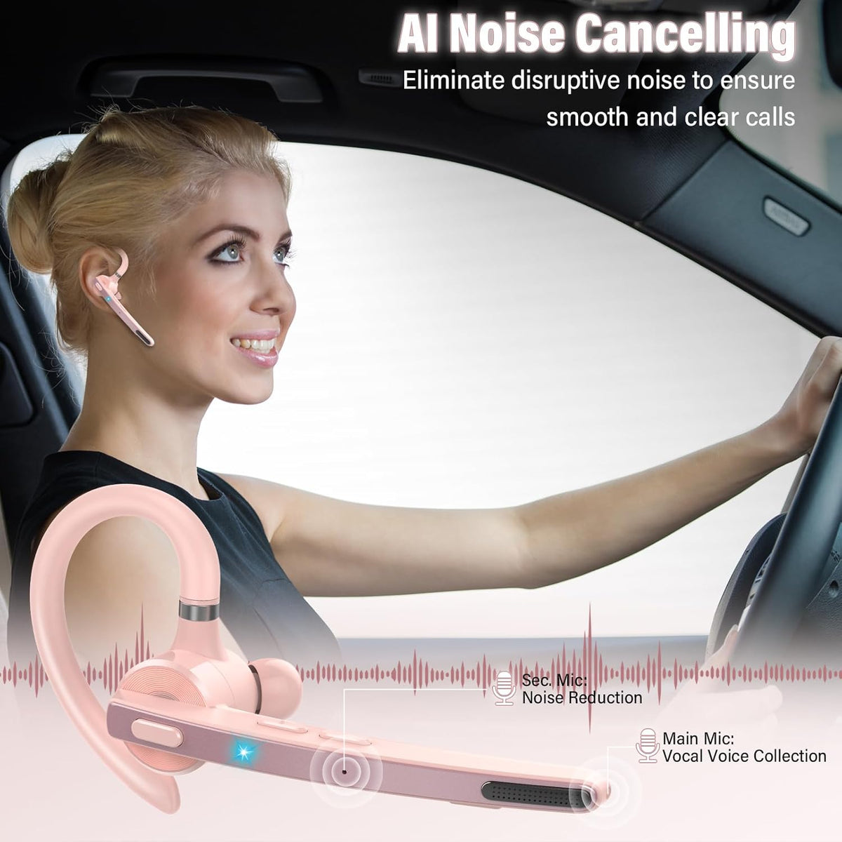 Bluetooth Headset, Wireless Bluetooth 5.3 Earpiece, 90Hrs Hands Free Headset with APTX HD Audio & Mute Button, Dual Noise Cancelling Mics, Single-Ear Headphone for Trucker/Business/Gym/Pink