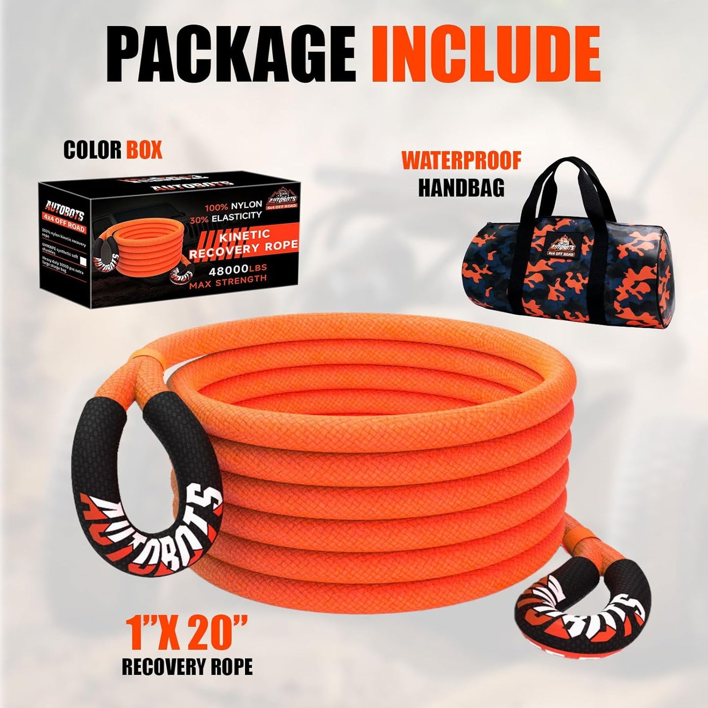 AUTOBOTS 1" x 20'Kinetic Recovery Rope (48,600lbs)，Heavy Duty Tow Rope Tow Strap for Truck ATV UTV SUV Car，Offroad Recovery Kit