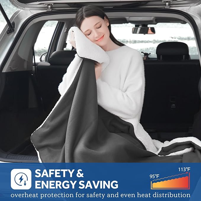 Sealy 12-Volt Heated Car Blanket with 2 USB Output Ports, 3 Heating Levels & 4 Hours Auto Off, Electric Blanket for Car, Truck, SUV, RV or Camping, Machine Washable, 59" X 43", Charcoal