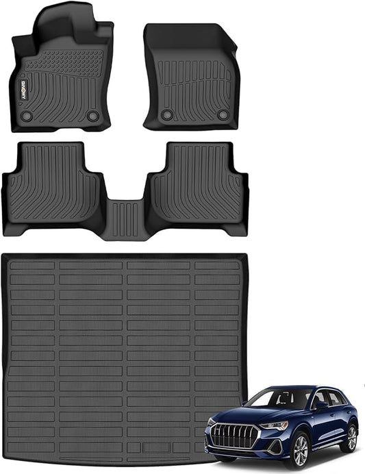 GINOWY-Floor Mats & Cargo Liner for Audi Q3 2018-2025, TPE All Weather Q3 Car Floor Mats Non-Slip Trunk Mat Floor Liners 2024 Waterproof Custom Fit Accessories Mats Black