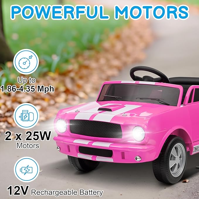 Winado 12V Licensed Shelby Electric Car for Kids, Battery Powered Ride On Toy for Toddlers with Remote Control, Upgrade Panel, Bluetooth, Shock Absorbers, Safety Belt, 3 Speeds, LED Lights - Pink