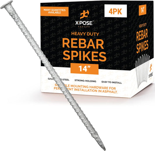 Heavy Duty Rebar Stakes 14" - 1/2" Diameter Threaded Galvanized Steel Spikes – 4 Pack Metal Ground Stakes for Speed Bumps & Wheel Stops – Support Estacas de Metal – Durable Asphalt Surface