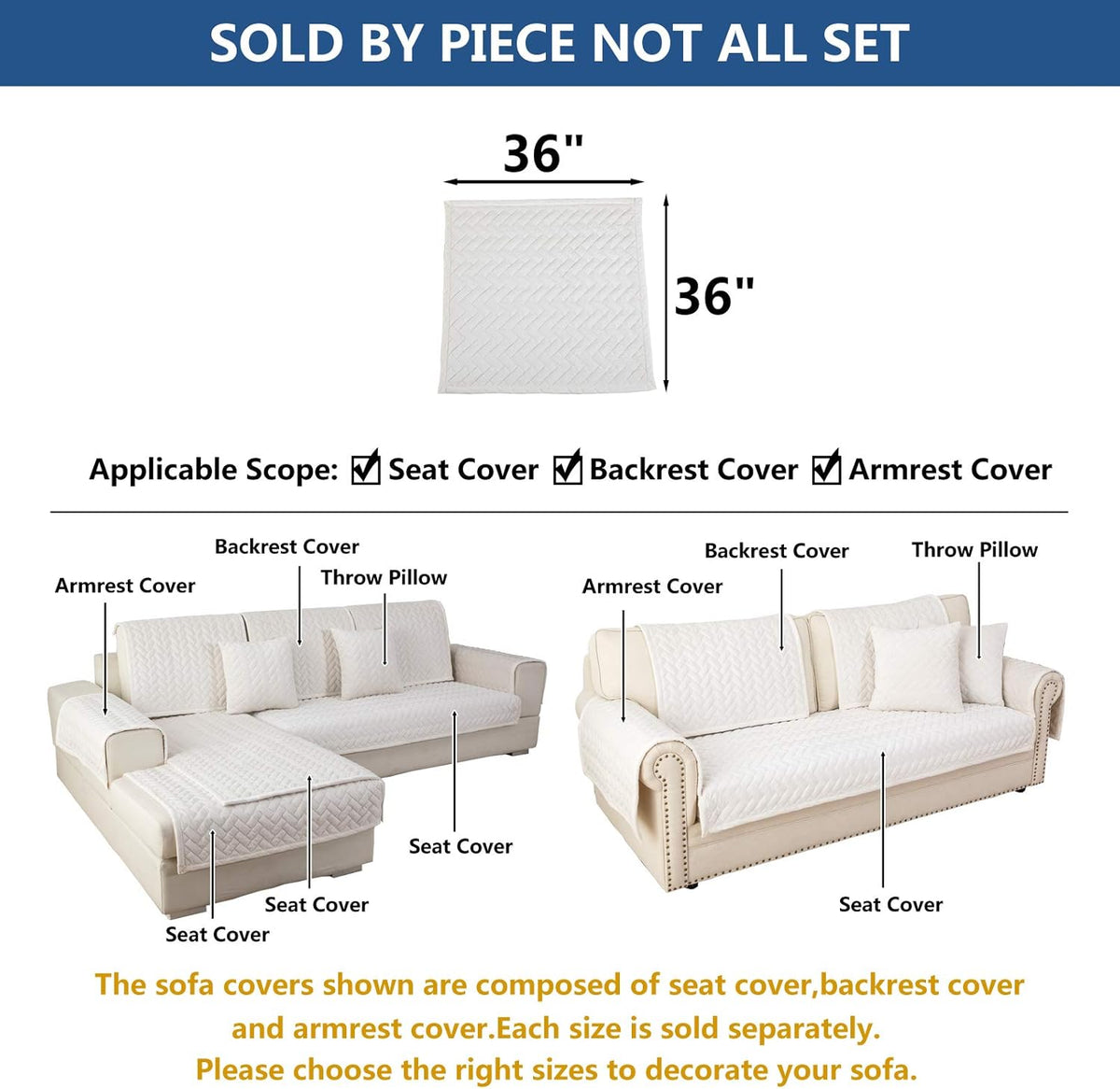 Eismodra Couch Cover,Sectional Couch Covers,Sofa Covers for 3 Cushion Couch,Anti-Slip Sofa Slipcovers for Dogs Cats Kids Loveseat Recliner L Shaped Armrest Backrest,White 36''x36''(Only 1 Piece)