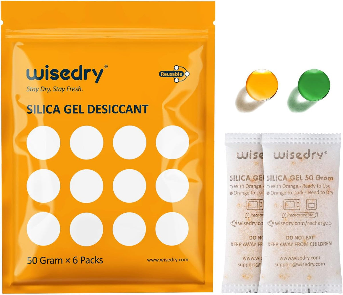 wisedry 50 Gram [6PACKS] Rechargeable Silica Gel Desiccant Packets Fast Reactivate Desiccant Bags Orange to Green indicating for Air Dryer Food Grade