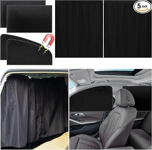 Set of 5 Car Privacy Curtains for Sedan- 4 Magnetic 31.5*18.9in Side Car Window Curtains & 1 Rear Seat Divider Curtain with Storage Bag, Baby Shades Screen Sun Covers for Camping Travel Nap Sleeping