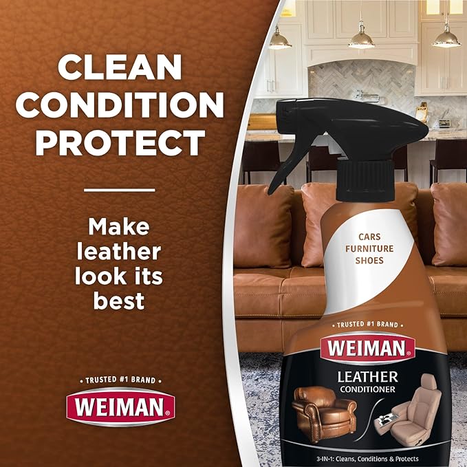 Weiman Leather Cleaner and Conditioner for Furniture - Cleans Conditions and Restores Leather Surfaces - UV Protectants Help Prevent Cracking or Fading of Leather Car Seats, Shoes, Purses