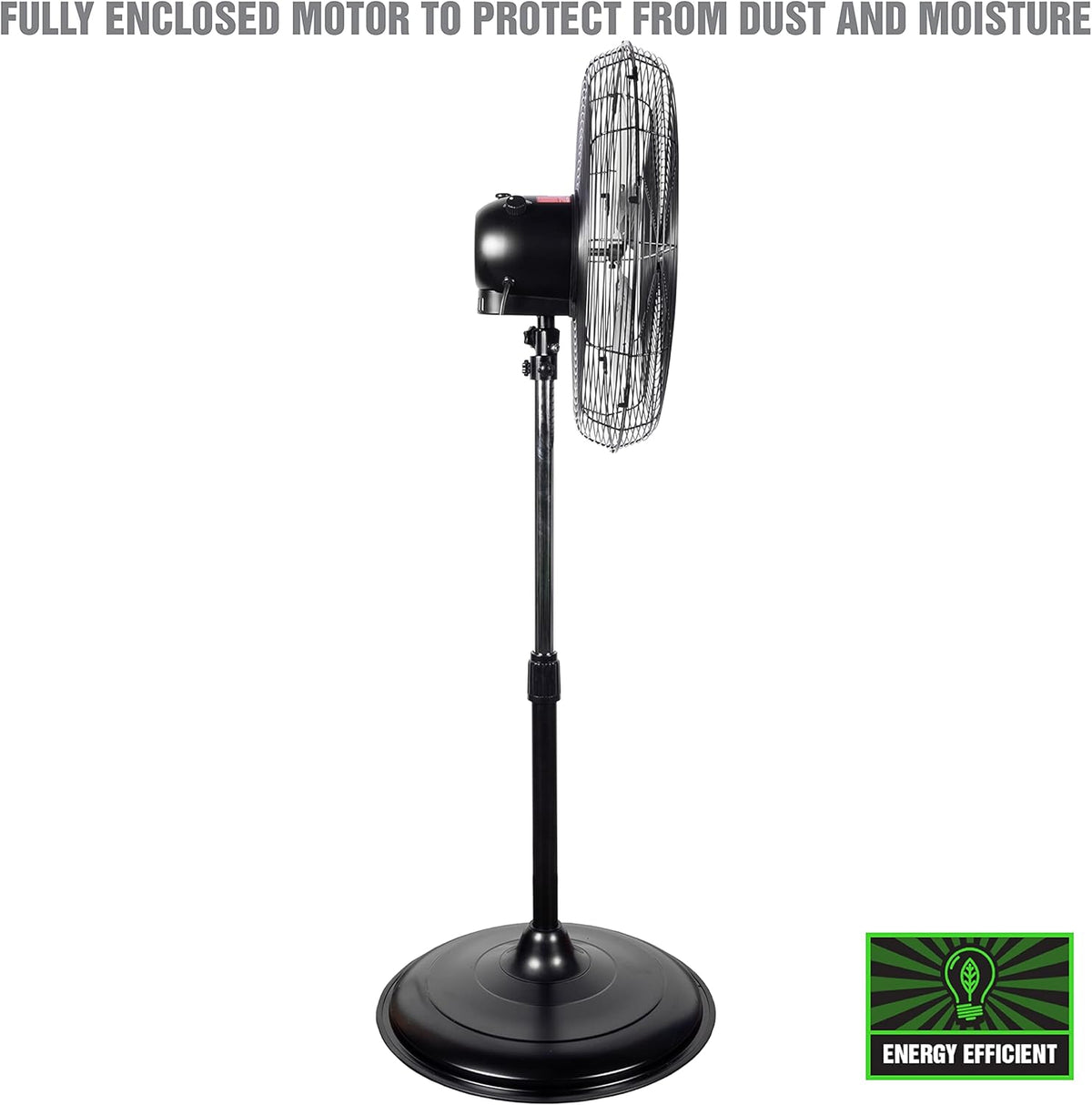 OEMTOOLS OEM24871 20" Oscillating Pedestal Fan, Adjustable Height for Garage, Shop, Gym, Warehouse 4500 CFM Airflow, 3-Speed Enclosed Motor, 5 Aluminum Blades, Dust-Resistant Industrial Purpose