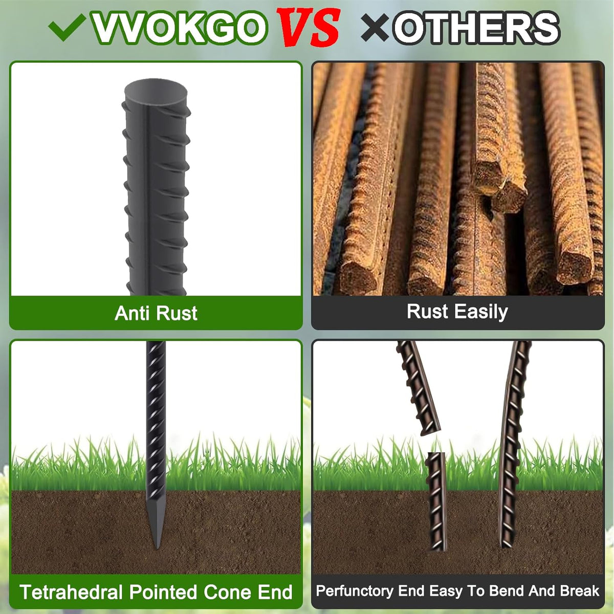 VVOKGO Rebar Stakes 24 Inch Ground Straight Concrete Form Stakes Heavy Duty (16pcs), 3/8" Diameter Metal Steel Spikes Anchors with Chisel Point End for Plant Support, Garden Border,Landscape Edging