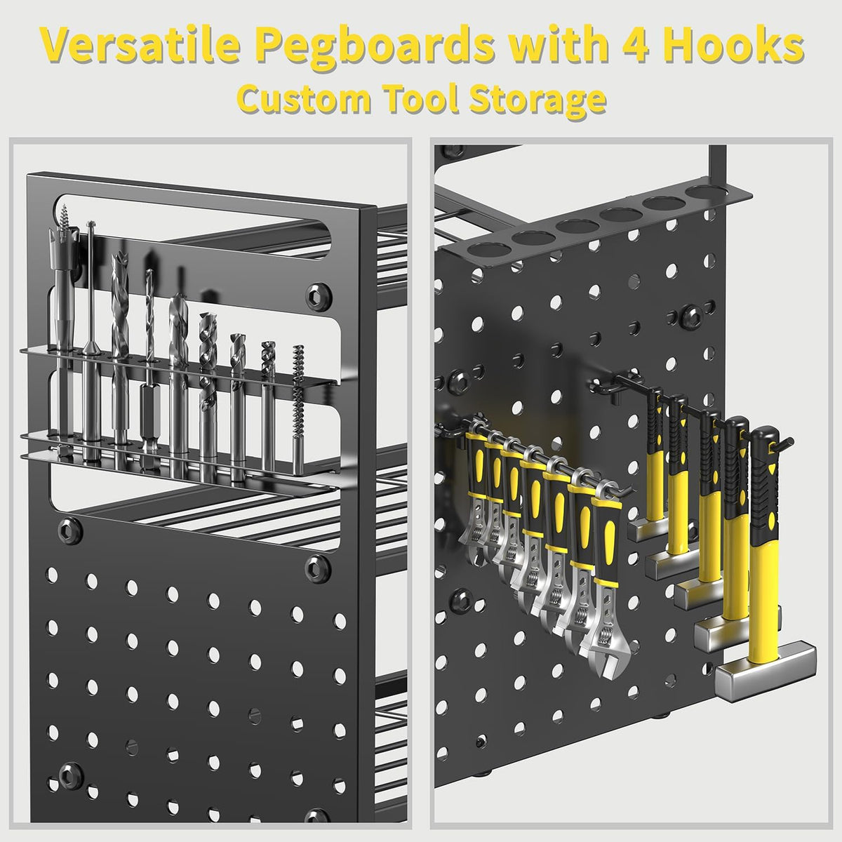 Power Tool Organizer Wall Mount, 49" Heavy Duty 4-Tier Garage Storage Shelf with 12 Drills Holder, Pegboard Side Panels,4 Long Hooks, Large Tool Battery Holder Metal Tool Shelf Rack