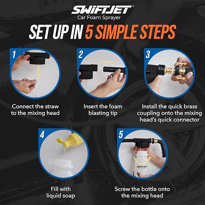 SwiftJet Car Wash Foam Sprayer Gun with Microfiber Wash Mit - Adjustable Water Pressure & Soap Ratio Dial - Foam Cannon Attaches to Any Garden Hose (Foam Sprayer with Wash Mit (Black))
