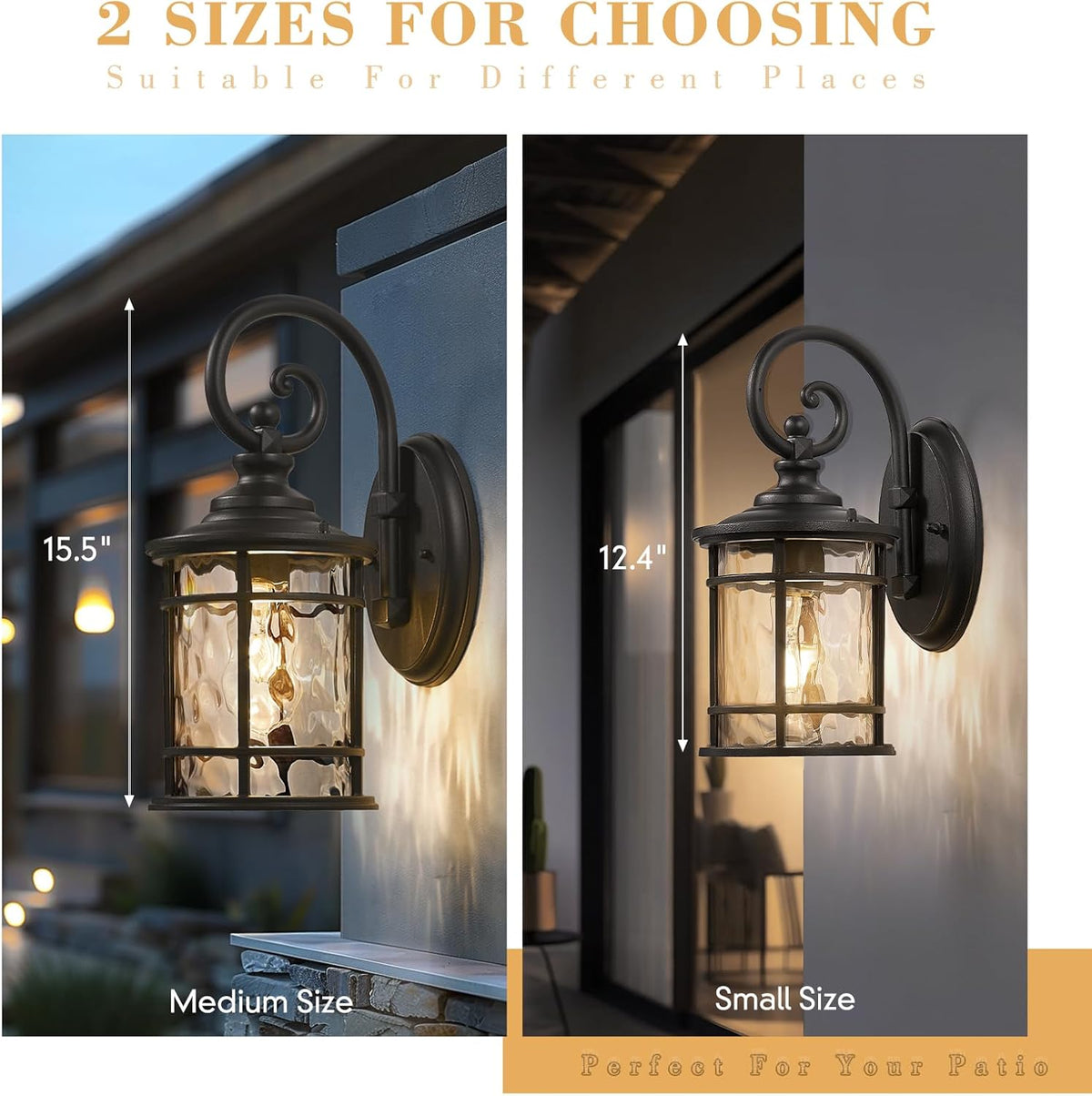 Emliviar Outdoor Wall Sconces 2 Pack, 12.4 Inch Outdoor Front Porch Lights with Water Ripple Glass in Black Finish, XE229BWG-S-2PK BK