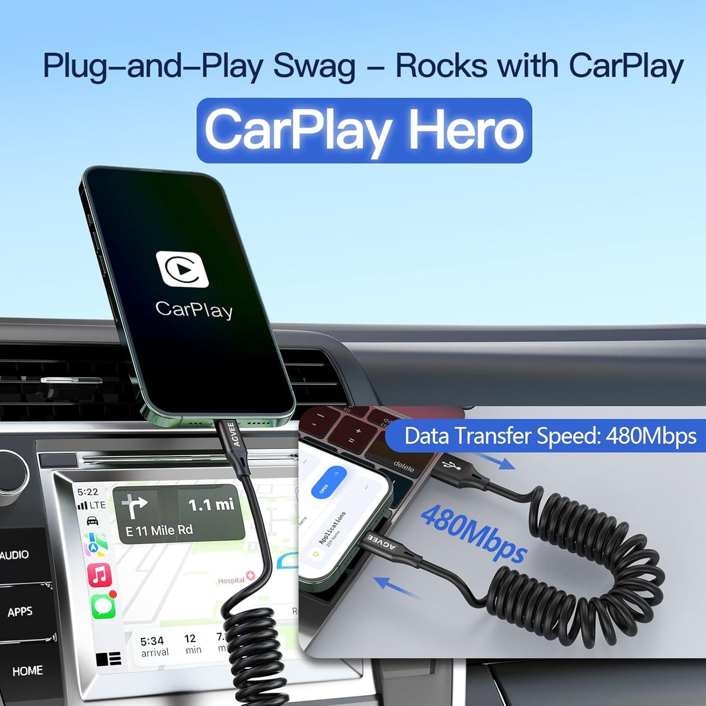 AGVEE 2 Pack 3ft Coiled Short USB to Lightning Charging Cable [MFI Certified] 3A Fast Charger Cord in Car for iPhone 14/13/12/11/XS/8/7/6/5 CarPlay, iPad, iPod, Black