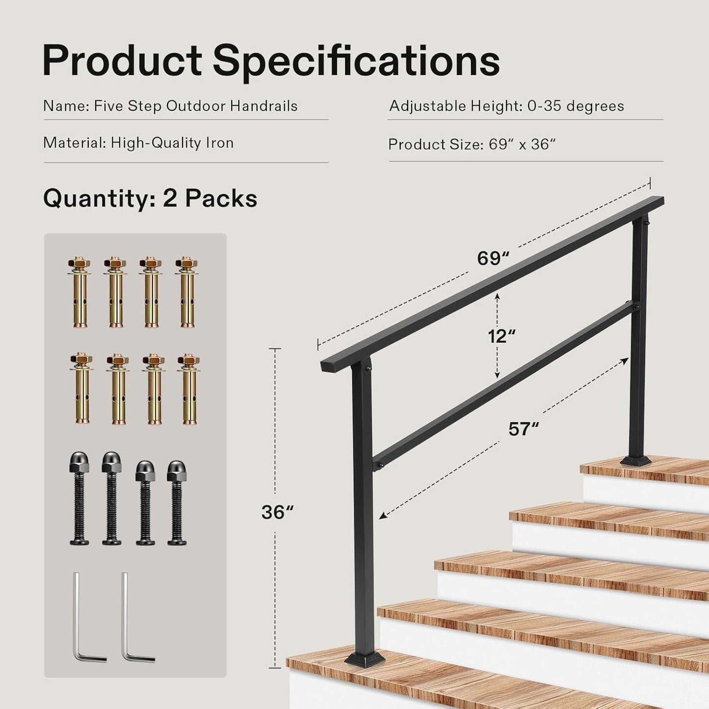 VIVOSUN 2-Pack Outdoor Handrail, 5 Step Stair Handrail, 69" x 36" Fits 1 to 5 Steps, Wrought Mattle Iron Handrail for Concrete Steps, Porch Steps, One-Step Assembly, 2 Packs, Black