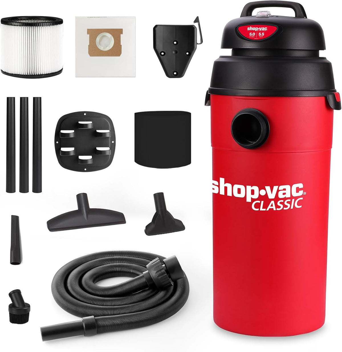 Shop-Vac 5 Gallon 5.5 Peak HP Wet/Dry Vacuum, Wall Mountable Compact Shop Vacuum with 6-23' Extra Long Hose & Attachments, Ideal for Jobsite, Garage, Car & Workshop. 9522236