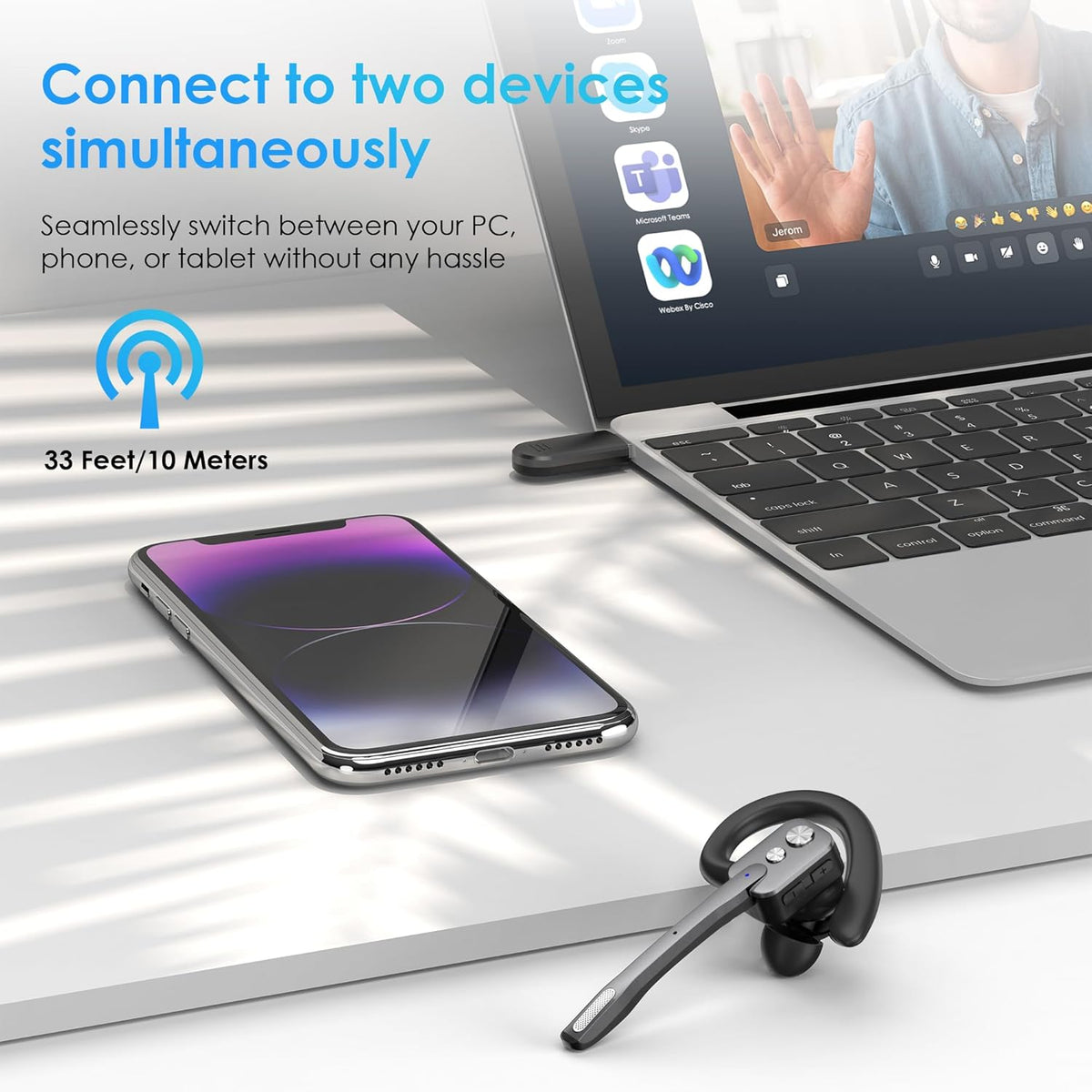 Bluetooth Headset, Wireless Bluetooth Earpiece with Dual-Mic & Noise Canceling, Single Ear Headset with Mute for Business, Remote Work, V5.3 Hand-Free headset for iOS Android Cell Phone (Gray)