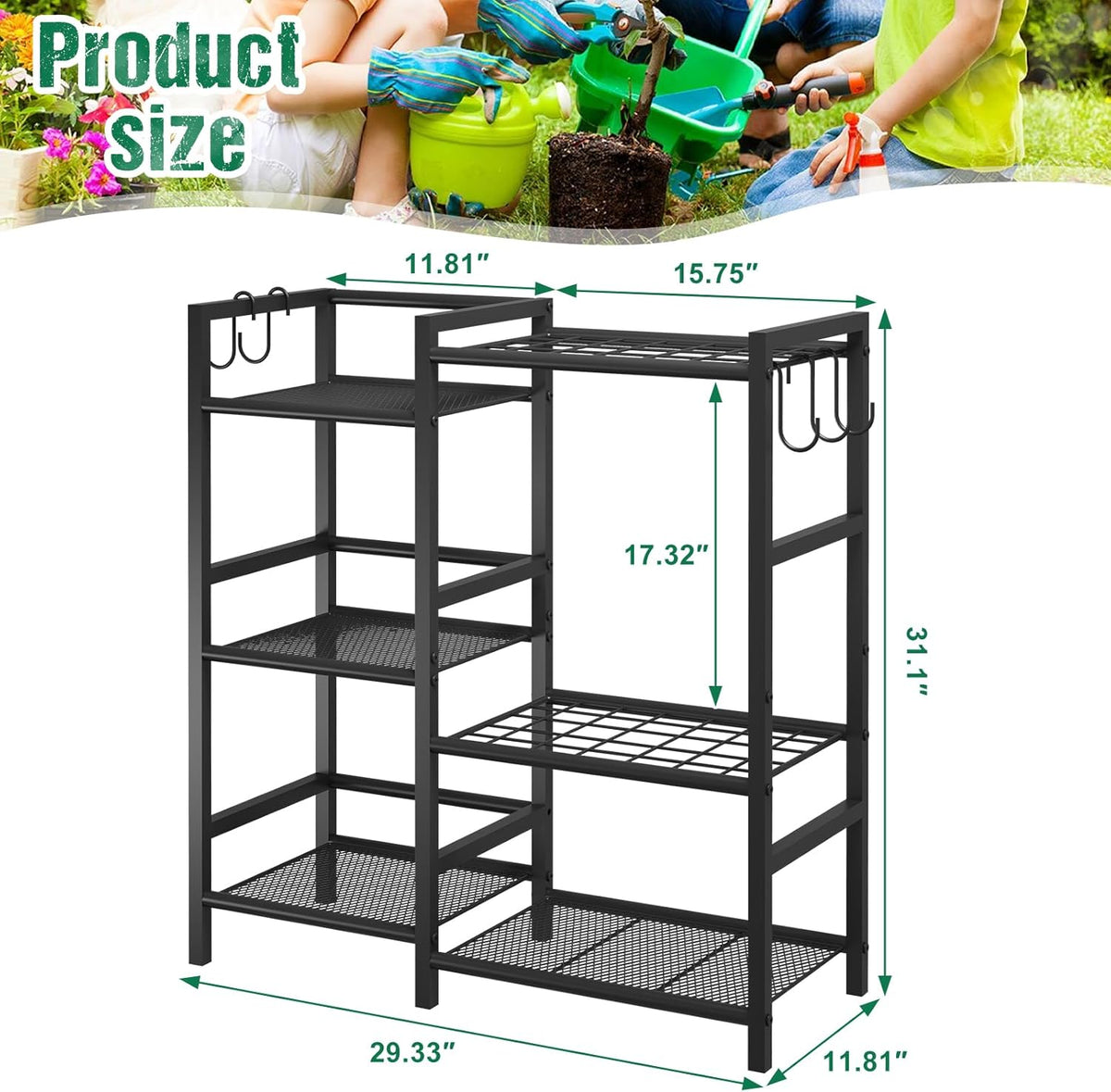 keomaisyto Garden Tool Organizer for Garage Organization, 3 Tier Yard Tool Storage Rack with 35 Long-Handled Tool Slots, Heavy Duty Garden Tool Holder with Large Hooks for Shed, Yard, Garage