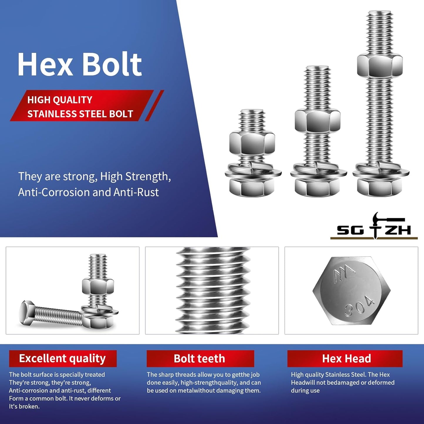1/2-13 x 3" Hex Head Screw Bolt, Nuts, Flat & Lock Washers, 10Pcs 18-8 (304) Stainless Steel, Fully Threaded, by SG TZH