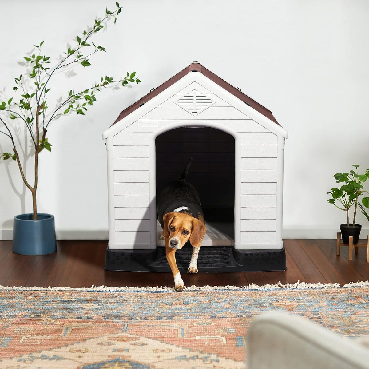 LEMBERI Durable Waterproof Plastic Dog House for Small to Large Sized Dogs, Indoor Outdoor Doghouse Puppy Shelter with Elevated Floor, Easy to Assemble (Brown, 42''L*38''W*39''H)