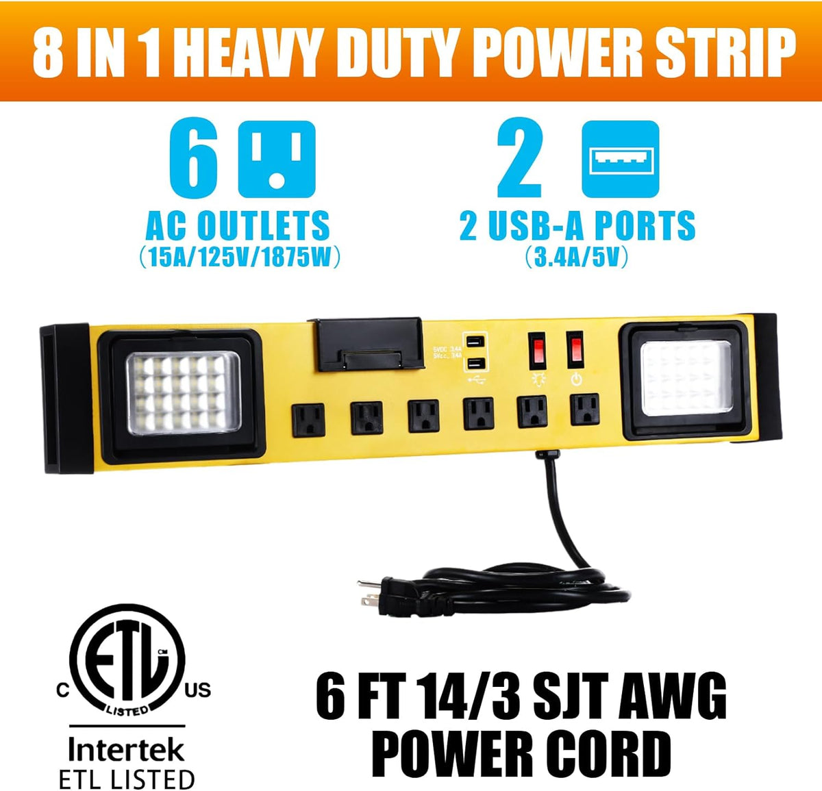 6 Outlets Power Strip with LED Worklight, Metal Heavy Duty Wall Mount Workbench Power Strip with 6FT 14/3 AWG Cord, 2 USB Ports, 15A Circuit Breaker for Home Office Garage Workshop