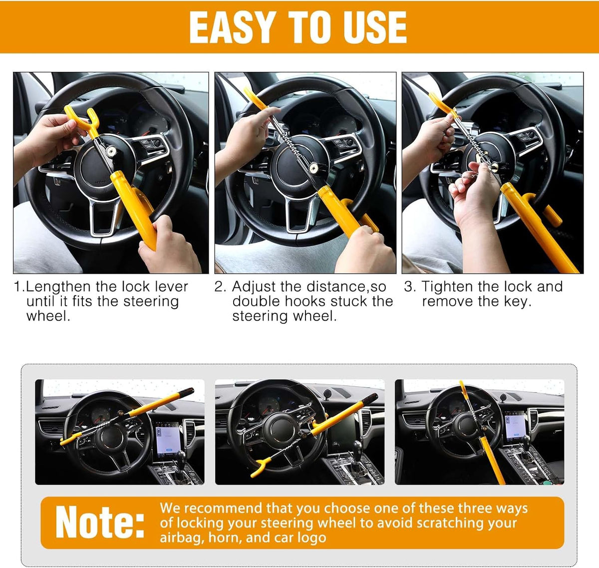 Car Steering Wheel Lock Anti-Theft Device - MIRUNNY Security Steering Wheel Lock with Adjustable Length for Trucks Vans SUVs