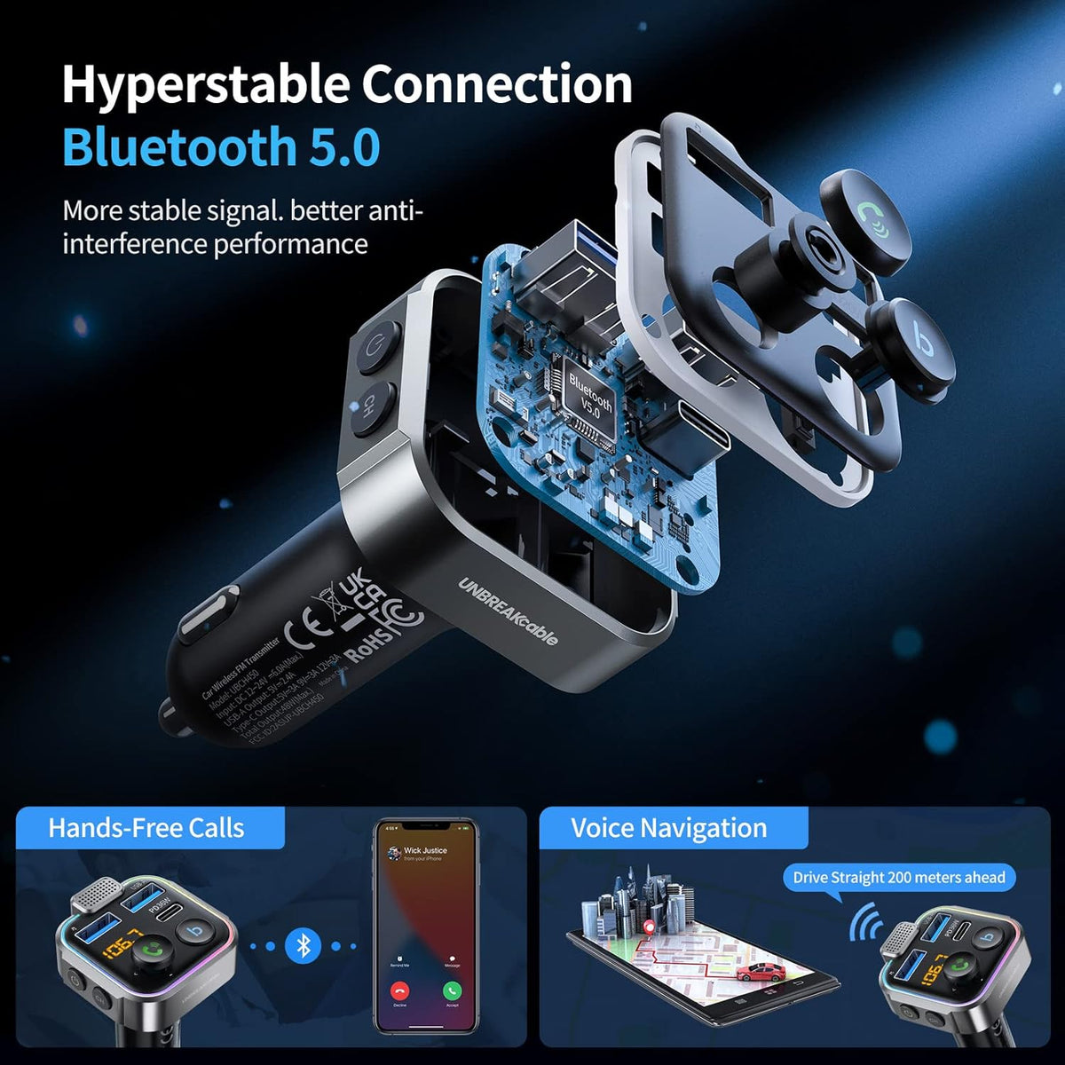 UNBREAKcable Bluetooth FM Transmitter for Car, PD 38W Fast Charging, Wireless Bluetooth FM Radio Adapter, Car Kit with Hands-Free Calls, HiFi Bass Boost MP3 Music Player Support USB Drive