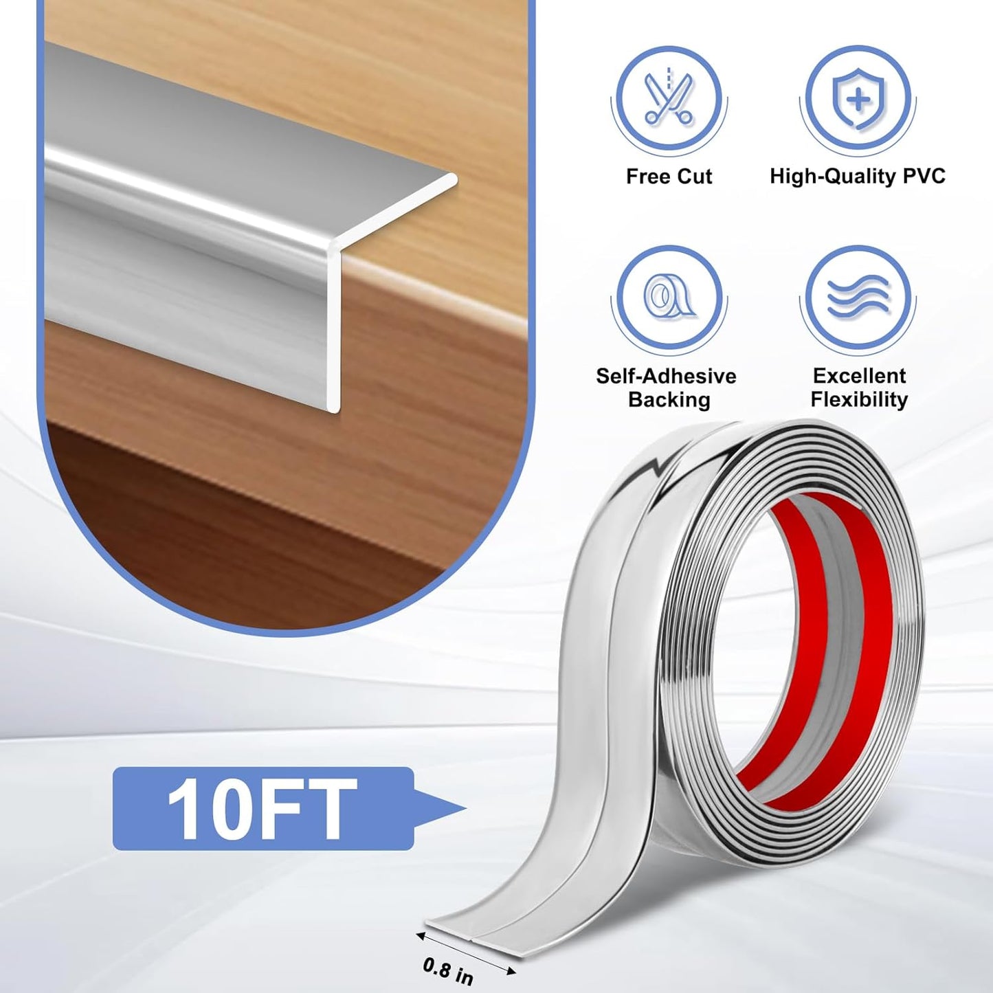 Wall Corner Protector Moulding Trim Peel and Stick Wall Corner Guards Trim Flexible Self Adhesive Edge Protector Moulding, 0.8 in x 10 Ft, Silver