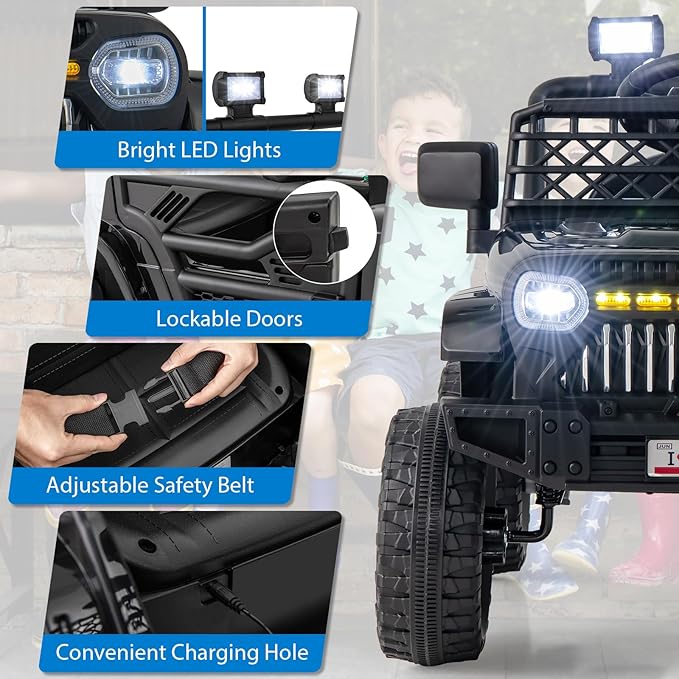 Costzon Kids Ride On Truck, 12V Battery Powered Electric Vehicles w/Remote Control, Spring Suspensions, 3 Speeds, Music, Lights, Wireless Connection, Ride on Car for Boys & Girls 3+ (Black)