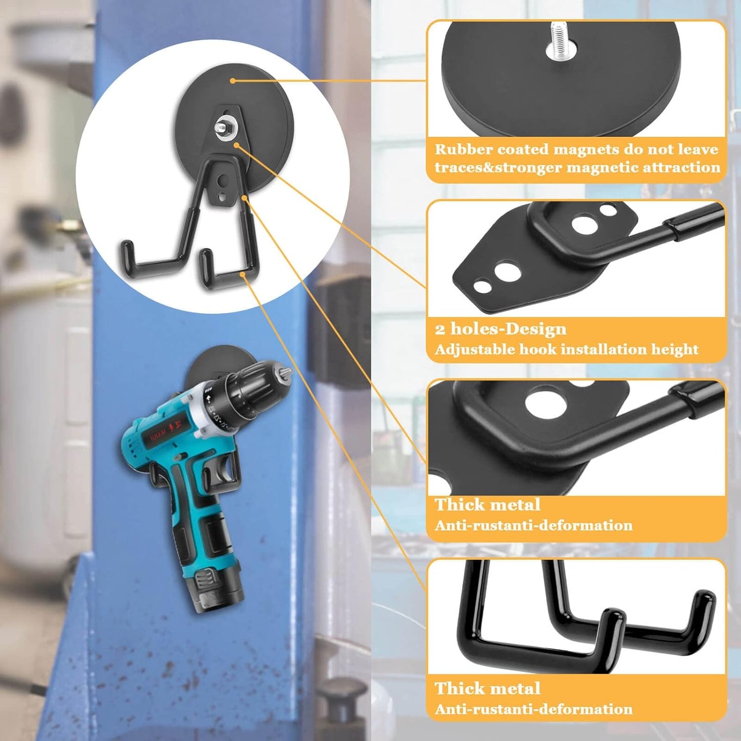 Strong Magnetic Hooks Heavy Duty, 2.59" (66 mm) Garage Magnet Hooks with Anti-Slip Coating, 2 Pcs Industrial Strength Utility Magnet Hooks, for Cordless Drills Hanging Metal Cabinets Tool Pegboard